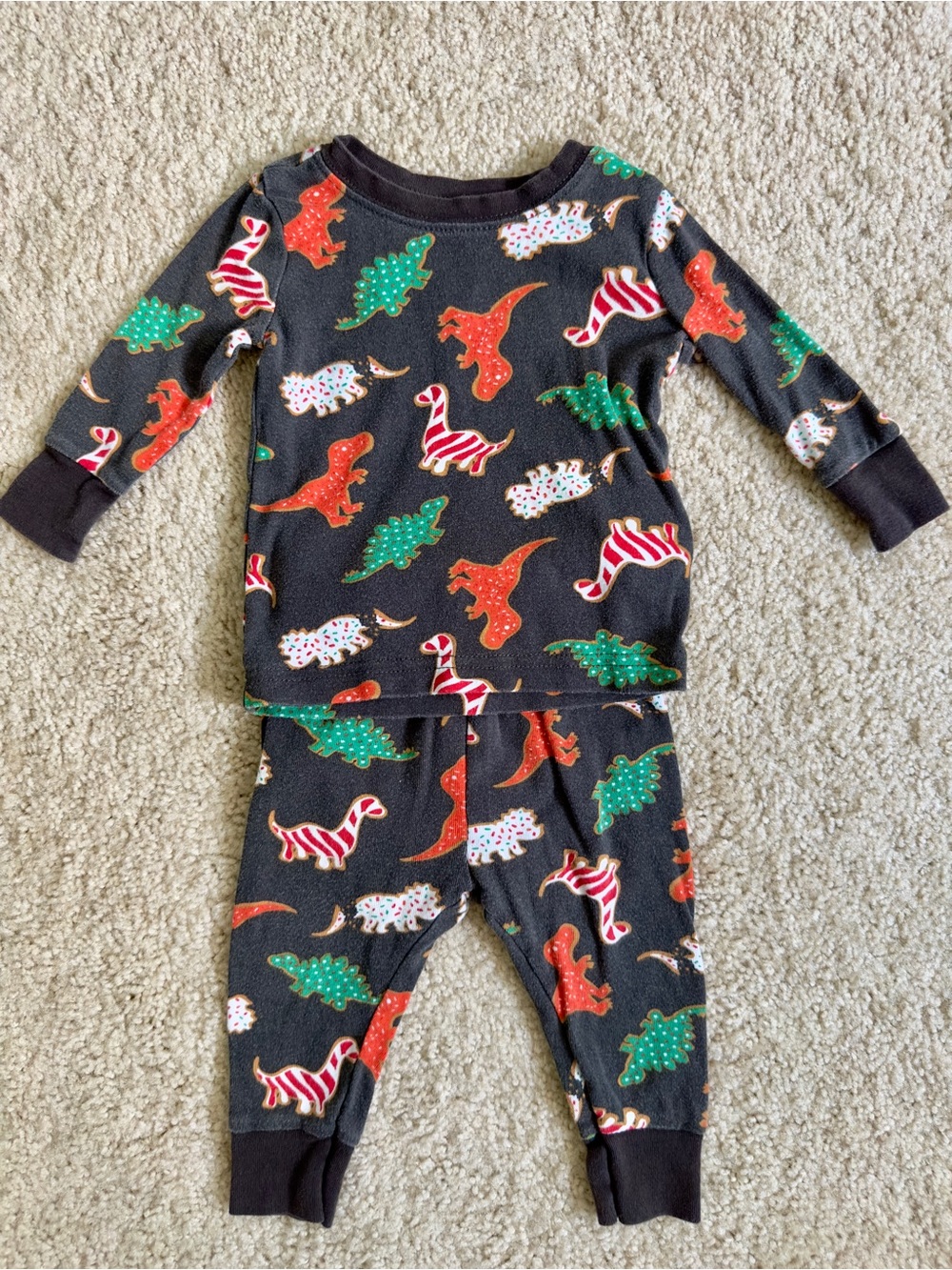 Old Navy Black Christmas Cookie Dino Pajama Set with Red & Green Accents